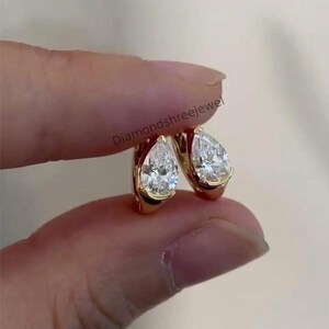 Classic Pear Cut Moissanite Earrings, Teardrop Diamond Huggie Hoops Earring, Minimalist Bridal Jewelry, Half Bezel Set Teardrop Gift Earring