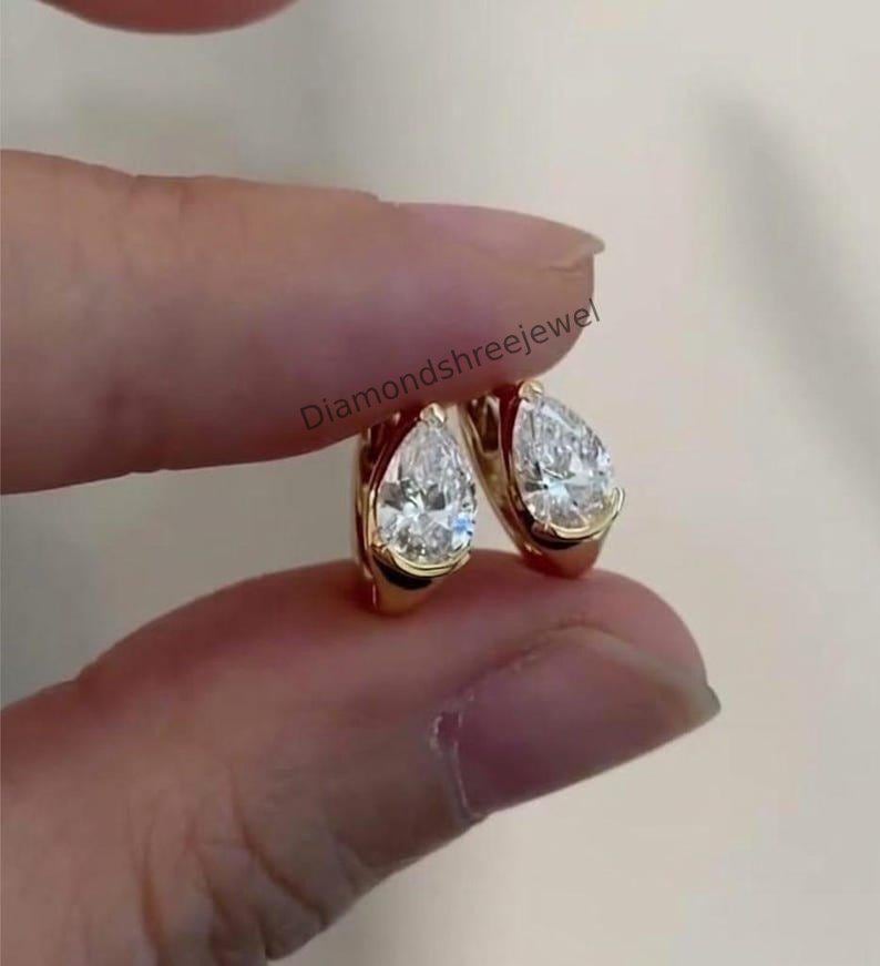 Classic Pear Cut Moissanite Earrings, Teardrop Diamond Huggie Hoops Earring, Minimalist Bridal Jewelry, Half Bezel Set Teardrop Gift Earring