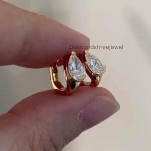 Classic Pear Cut Moissanite Earrings, Teardrop Diamond Huggie Hoops Earring, Minimalist Bridal Jewelry, Half Bezel Set Teardrop Gift Earring