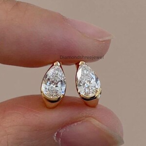 Classic Pear Cut Moissanite Earrings, Teardrop Diamond Huggie Hoops Earring, Minimalist Bridal Jewelry, Half Bezel Set Teardrop Gift Earring