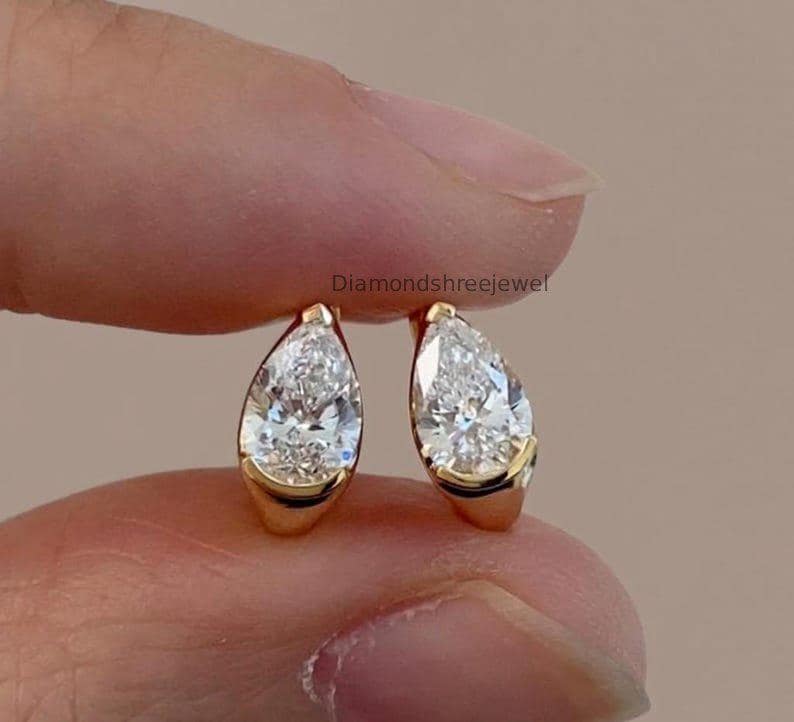 Classic Pear Cut Moissanite Earrings, Teardrop Diamond Huggie Hoops Earring, Minimalist Bridal Jewelry, Half Bezel Set Teardrop Gift Earring