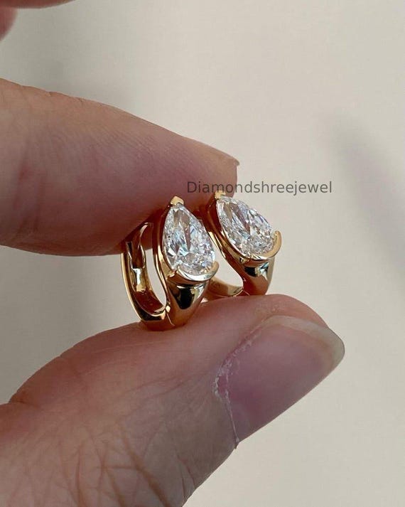 Classic Pear Cut Moissanite Earrings, Teardrop Diamond Huggie Hoops Earring, Minimalist Bridal Jewelry, Half Bezel Set Teardrop Gift Earring