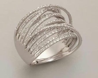 Round Cut Moissanite Engagement Ring, Micro Pave Set Diamond Multi Row Wedding Band, Intertwined Crossover Band, Cocktail Ring For Women's