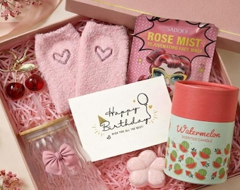 Confezione regalo rosa Relax and Unwind Relaxation Self Care - Set regalo per adolescenti - Bicchiere con fiocco in vetro, candela, calzini invernali, confezione regalo coccole