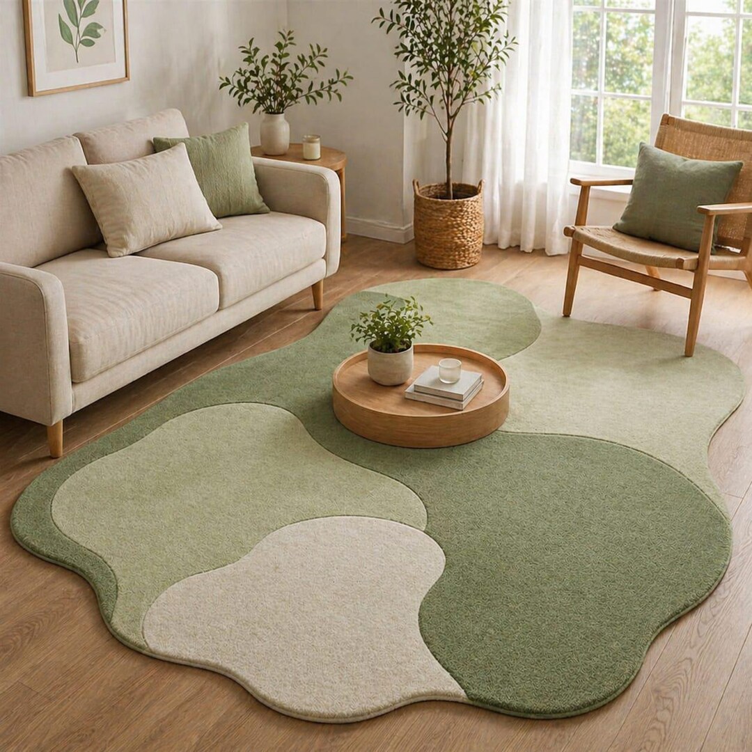 Moss Green Pebble Rug, Hand Tufted Wool Organic Shape Area Rug, Modern ...