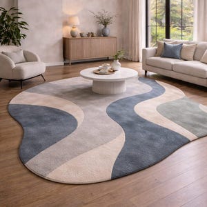 Hand-Tufted Irregular Abstract Wool Rug 8x10, Blue Beige Modern Wave Area Rug, Handmade Cotton Backing Living Room Decor