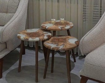 Handmade Olive Wood Epoxy Side Table Set, Rustic Boho Accent Tables