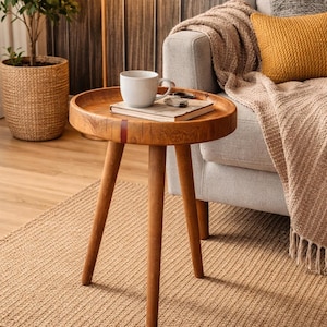 May include: A small, round wooden side table with three legs. A white mug, book, and eyeglasses rest on the tabletop. The table sits on a woven rug, with a couch and lamp in the background. The table is approximately 50 cm in diameter.