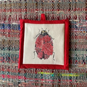 Può includere: Presina quadrata, bianco sporco con bordo e anello per appenderla rossi. Il centro presenta un'illustrazione dettagliata di uno scarabeo con un motivo floreale nei toni del rosso e del rosa. La presina è probabilmente in tessuto.