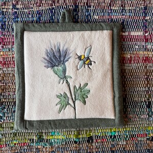Thistle and Bee Handmade Pot Holder Hot Pad Hand Painted Free Motion Stitching