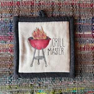 Grill Master Handmade Pot Holder Hot Pad Hand Painted Free Motion Stitching