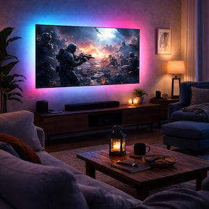 May include: A living room scene featuring a large flat-screen TV with a colorful LED light strip. The TV displays a war scene. A wooden coffee table holds a lantern, candles, and a mug. Sofas and armchairs complete the cozy setting.