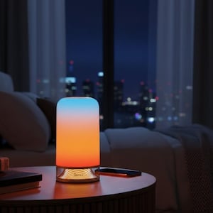 Puede incluir: Lámpara de noche cilíndrica con un degradado de color, que va del azul en la parte superior al naranja en la inferior. La lámpara está sobre una base de madera, junto a un smartphone y libros. El fondo muestra un dormitorio con vistas a la ciudad.