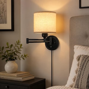 Dimmable Plug-In Wall Sconces with Linen Shade – 2 LED Bulbs Included