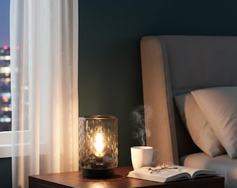 Lampa na baterie z szarego, żebrowanego szkła w stylu vintage z automatycznym timerem