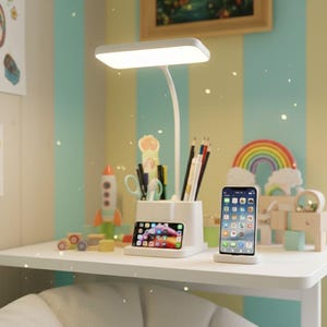Könnte beinhalten: Eine weiße Schreibtischlampe mit rechteckigem Leuchtkopf, Bleistiften und einem Smartphone. Die Lampe hat einen flexiblen Hals und einen integrierten Organizer für Stifte und andere Utensilien. Ein zweites Smartphone liegt horizontal in einer Ladestation.