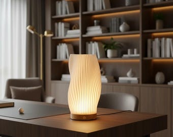 Akumulatorowa lampa stołowa 3D Touch z drewnianą podstawą – ciepła, ściemnialna lampka nocna