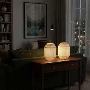 May include: Two cylindrical table lamps with a vertical striped design sit on a dark wooden table. The lamps are illuminated, casting a warm glow. The table is in front of a green sofa, with a framed artwork and a bookshelf in the background.