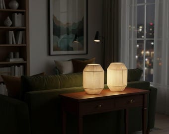 Zestaw 2 bezprzewodowych lamp stołowych z plecionego materiału – lampki nocne zasilane bateryjnie z timerem