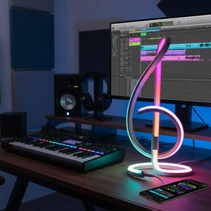 May include: A music studio desk setup with a treble clef-shaped LED lamp emitting a rainbow glow. A keyboard, computer monitor, speakers, and headphones are also visible. A smartphone displays a music app.