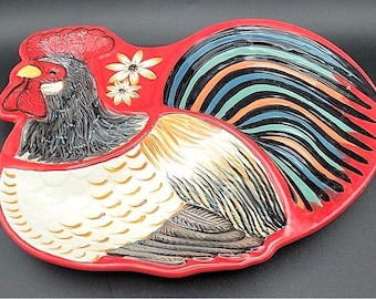 Fitz and Floyd Gourmet Homestead Colorful  Rooster Divided Serving Tray Country