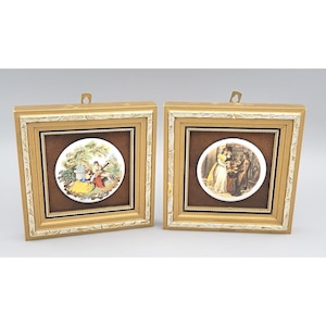 Vintage Framed Pair Art Porcelain Styled Tiles Courting Couple & Shopping Day