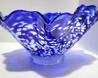 Cobalt Blue Art Glass Bowl Ruffled Edge With White Confetti Speckled Blue Inside
