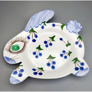 Jan Pugh Pottery Double Sided Folk Art Plate or Tray Bunny Shape w/Blue Berries