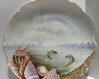 Antique Rosenthal Porcelain Plate 2 Fish with Shells & Net Hand Painted Bavaria