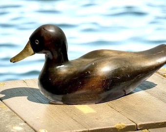 Vintage Wooden Duck Hand Carved w/ Brass Beak Glass Eyes. Office  Den  Man Cave