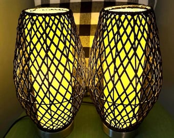 Pair Of Boho Coastal Zen Style Rattan Table Lamps Nightlights Black Original