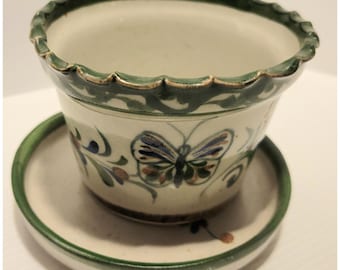 Mexican Ceramic Flower Pot & Tray Folk Art Pottery Hand Painted Butterfly/Turtle