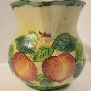 L.P.W. Italy Hand Painted Glazed Pottery Pitcher Peaches on Beige with Green