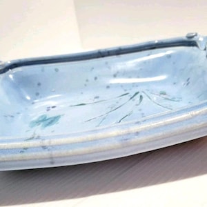 Pretty Pottery Blue Tray or Bowl Butterfly & Florals Handles Decorative Signed