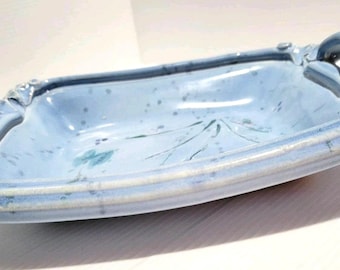 Pretty Pottery Blue Tray or Bowl Butterfly & Florals Handles Decorative Signed