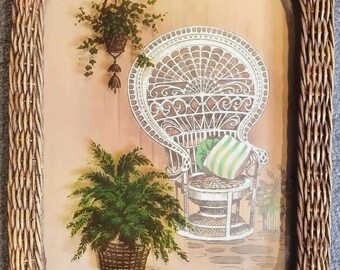 70s Wicker Framed Reverse Painted Glass Peacock Chair & Ferns Retro Hippie Boho