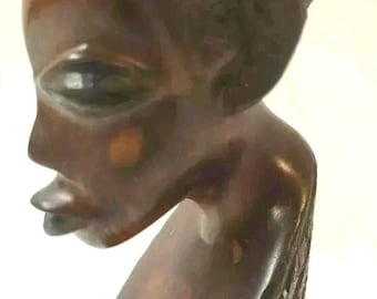 Vintage Hand Carved Wooden Sculpture African Inspired Art Bust from Zambia