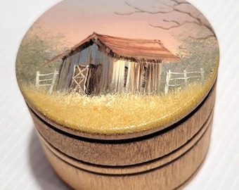 Hand Painted Folk Art Trinket Box: Rustic Barn Scene