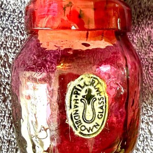 Vtg Pilgrim Blown Glass Ruby Red Original Sticker Textured Mottled Jar w/Cork Stopper