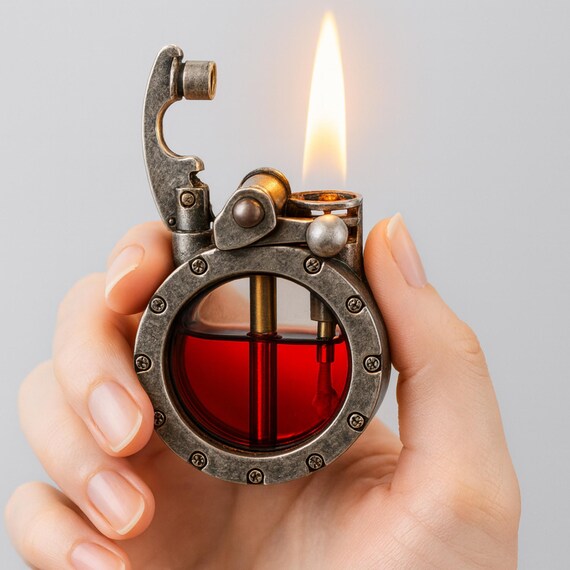 Transparent Steampunk Vintage Lighter with Gift Box, Refillable Windproof Flame, Metal Pocket Lighter