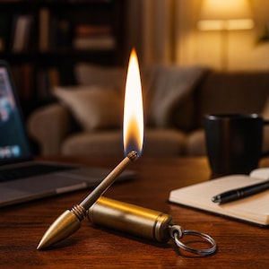 May include: A lit match with a long, bright flame, held by a vintage brass match holder. The match holder has a key ring attachment. The scene is set on a wooden desk with a laptop, notebook, and coffee mug in the background.