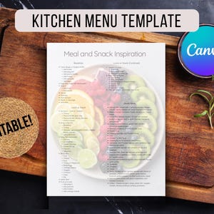 May include: A kitchen menu template with the text "Kitchen Menu Template" at the top. The menu includes a list of meal and snack ideas. The word "Editable!" is on a round coaster. The Canva logo is in the upper right corner.