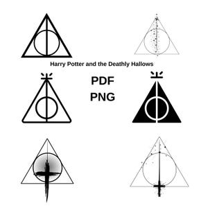 May include: Black and white graphic featuring the Deathly Hallows symbol from Harry Potter, with a triangle, circle, and vertical line. The text "Harry Potter and the Deathly Hallows" is above the symbols. The words "PDF" and "PNG" are also present.