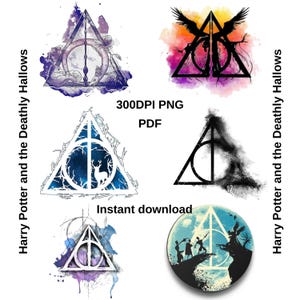 Puede incluir: Una colección de gráficos estilo acuarela con el símbolo de las Reliquias de la Muerte de Harry Potter. Los diseños incluyen un triángulo con un círculo y una línea, con texto que dice "Harry Potter and the Deathly Hallows", "300DPI PNG", "PDF" y "Instant download".