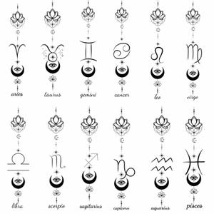 May include: Black and white line art of the twelve zodiac signs. Each sign is represented by a unique symbol, a crescent moon with an eye, a lotus flower, and the sign's name. The signs are arranged in vertical rows.