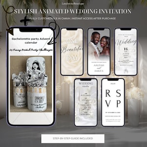Puede incluir: Un conjunto de invitaciones de boda digitales que se muestran en teléfonos inteligentes. El diseño incluye un calendario de adviento para la despedida de soltera, detalles de la boda e información de RSVP. El texto incluye "Stylish Animated Wedding Invitation".