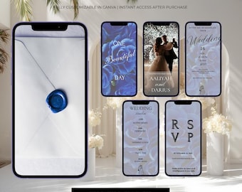 Invitación de boda animada y elegante, invitación de vídeo para móvil con diseño floral azul, plantilla de Canva, tarjeta de confirmación de asistencia para boda