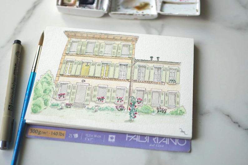 Personalized watercolor house portrait, hand-drawn house sketch on photo, first home gift, housewarming gift image 4