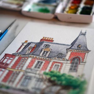 Personalized watercolor house portrait, hand-drawn house sketch on photo, first home gift, housewarming gift image 2