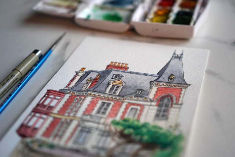 Personalized watercolor house portrait, hand-drawn house sketch on photo, first home gift, housewarming gift image 2